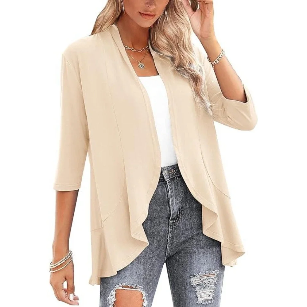 NWT Aoulaydo Women's XL Beige Plus Size Draped Ruffles 3/4 Sleeve Cardigan Open